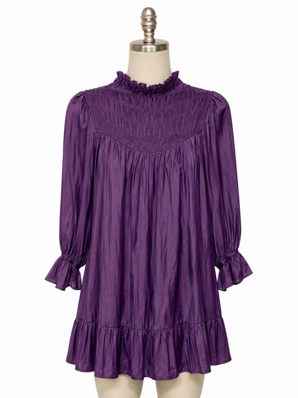 Mustard Seed Size Small Smocked Yoke 3/4 Sleeve Plum Purple Sheath Dress Flowy